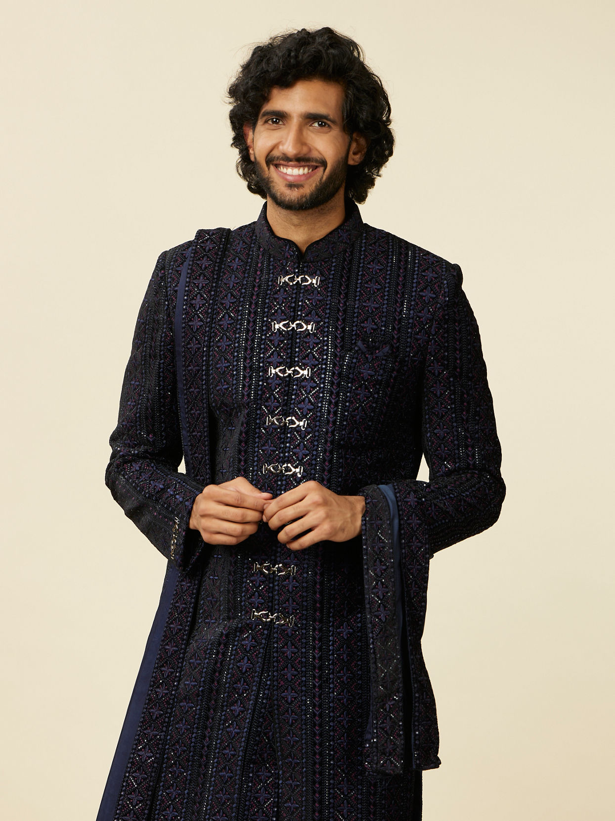 alt message - Manyavar Men Dark Blue Sequined Sherwani Set image number 0